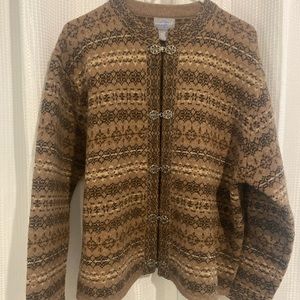 100% wool Carroll Reed sweater with silver toggles . Mix of neutral colors